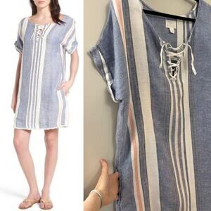 Caslon 100% Linen Lagenlook Coastal Chambray Resort Stripe Fringe Boxy Dress M/L